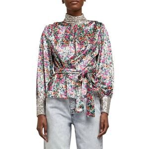 River Island Womens Blouse 12 Multicolor Floral Silver Sequined Trim Long Sleeve